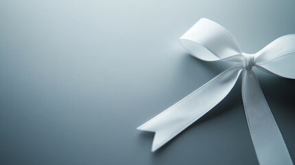 Aufkleber - Soft lighting highlights the texture and folds of a delicate white ribbon tied into a bow, elegantly placed on a smooth gray background for a serene aesthetic