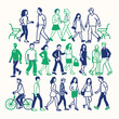 © Prodeep - 'Silhouettes of People in Various Poses – Walking, Standing, Talking, Urban Crowd, Vector Illustration'