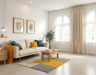 Poster - Cozy modern living room interior with stylish sofa coffee table. Bright daylight, decorative pillows, carpet, wooden furniture, houseplant near window. Comfortable home decor, minimalist design,