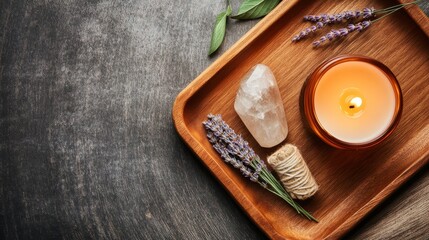 Poster - Close-up view of a peaceful wellness arrangement featuring a moonstone crystal, dried sage, and a candle surrounded by lavender sprigs on a wooden tray