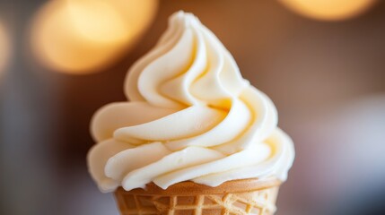 Aufkleber - A close-up view showcases a classic ice cream cone with a creamy vanilla swirl, set against a warm pastel-colored backdrop enhancing its inviting appearance