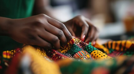 Leinwandbilder - Hands carefully adjust vibrant fabric featuring intricate embroidery and beadwork, highlighting the cultural significance of traditional African attire