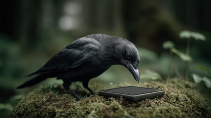 a black bird curiously investigates a smartphone resting on moss in a serene forest setting, surroun