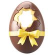 © jumassenz - Ovo de páscoa 3d com casca rachada e espaço no meio, cobertura de chocolate preto e branco, com laço amarelo fundo branco