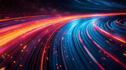 Poster - Abstract Light Trails Forming Curves Against Dark Background Depicting Technological Speed and Data Stream