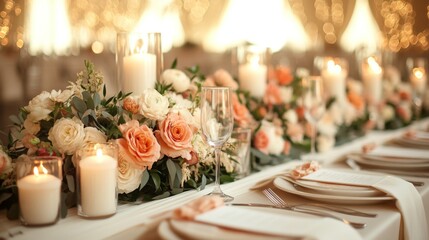 Poster - Beautifully arranged wedding reception table featuring delicate floral centerpieces with roses and candles. The soft lighting enhances the romantic setting for guests to enjoy dinner and celebrate.