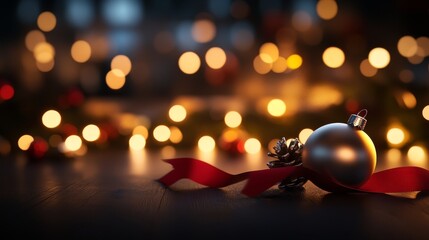 Aufkleber - A silver Christmas ornament with a red ribbon sits elegantly among soft bokeh lights and blurred decorations, creating a serene atmosphere perfect for the holidays