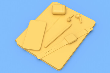 Poster - Computer tablet with stylus, smartwatch, phone and headphone on blue background