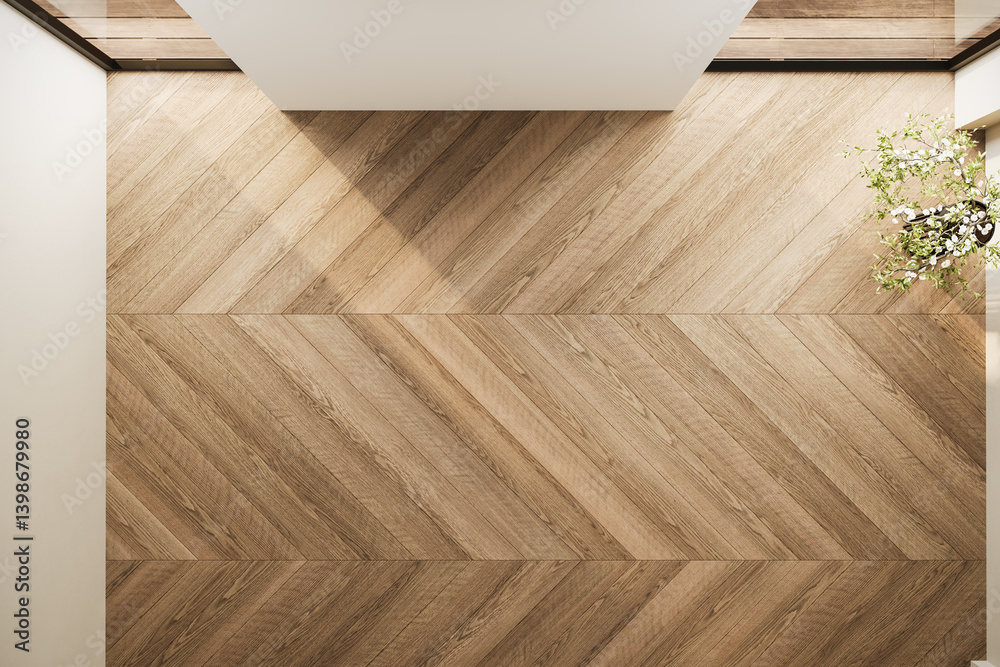 Top view of an empty interior with chevron wood flooring, soft lighting ...