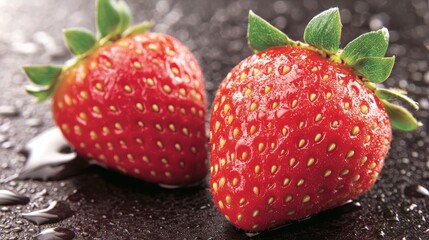 Aufkleber - Two ripe strawberries with glistening water droplets sit on a dark surface, illuminated by soft natural light, highlighting their freshness and appeal