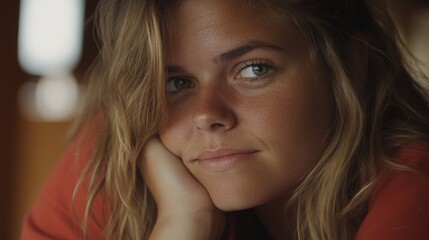 Aufkleber - Close-up of a young woman resting her chin on her hand, with natural light accentuating her thoughtful demeanor and smooth skin, perfect for beauty concepts