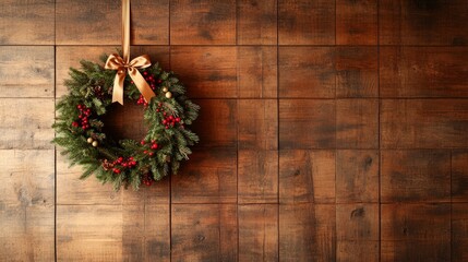 Poster - A beautiful wreath made of lush pine branches, vibrant red berries, and shimmering golden ornaments hangs gracefully on a rustic wooden door, creating holiday cheer