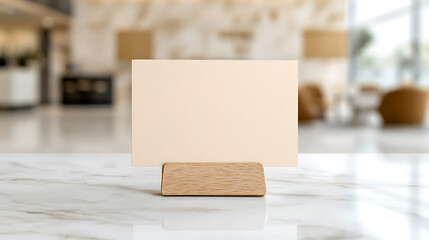 Aufkleber - Blank card on a marble surface with a wooden holder. A simple and elegant presentation ideal for showcasing a message or design in a minimalist setting.