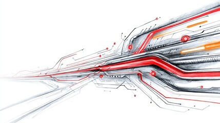 Poster - abstract technology circuit design - red and grey abstract technological circuit design on white bac