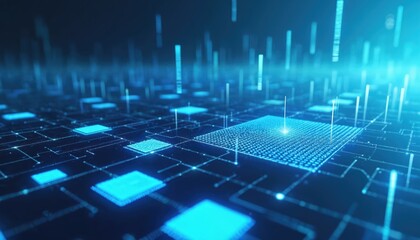 Aufkleber - High-tech digital data background, future technology concept. Blue computer chip processor and system data transmission. Cyberspace and network information flow. Innovation, modern industry.