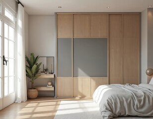 Aufkleber - Modern bedroom with wooden wardrobe. Interior design features bed, window, decor, furniture, parquet floor. Home interior design concept. New apartment, cozy, elegant style.