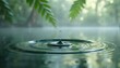 © miss irine - Water drop on surface of water. Ripples spread from impact. Drops of rain falling. Green leaves, bokeh light background. Nature, environment, calm, peace, meditation concept.