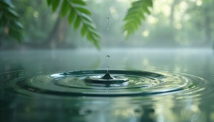 Aufkleber - Water drop on surface of water. Ripples spread from impact. Drops of rain falling. Green leaves, bokeh light background. Nature, environment, calm, peace, meditation concept.