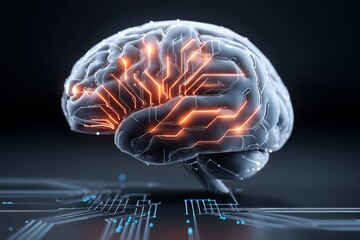 Poster - brain circuitry - a 3d of a human brain with glowing orange circuitry, highlighting neural pathways 