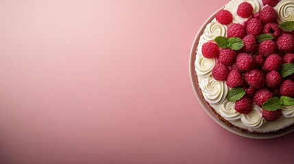 Aufkleber - A close-up shows a raspberry cake on a ceramic plate, topped with whipped cream, mint, and berries, against a pastel pink backdrop