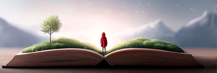 Poster - Child in Red Hood at Open Book Landscape - A child in a red hooded cloak stands between two grassy hills growing from an open book, a small tree on one side