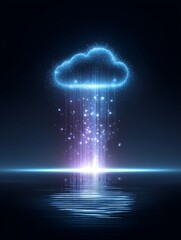 Poster - cloud data stream - glowing cloud icon with data streaming down reflecting on water surface. abstrac