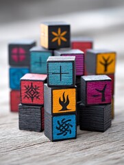 Poster - Colorful Wooden Cubes with Symbols - Stack of small colorful wooden cubes with various symbols, perfect for game design or abstract concept