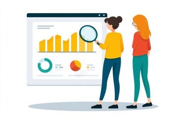 Poster - Data Analysis Team Reviewing Charts - Two colleagues collaborate, analyzing data charts and graphs using a magnifying glass for detailed review. Efficient teamwork and data driven decisions