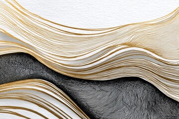 Poster - Elegant Black Gold Wavy Engraving Sketch - Abstract art depicting flowing lines, blending black and gold, symbolizing elegance, luxury, fluidity, sophistication, and harmony