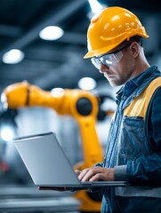 Poster - Engineer Manager Overseeing Robotic Arm Operation - A focused engineer manager uses a laptop to monitor and control a robotic arm in a modern industrial setting. The symbolizes automation, technology