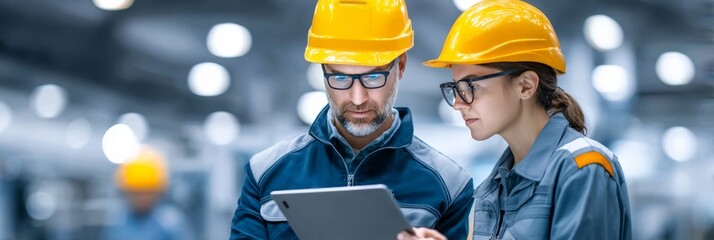 Poster - Engineers and Technicians Collaborate on Factory Project - Teamwork, technology, innovation, manufacturing, industry. Two engineers review a tablet in a modern factory setting