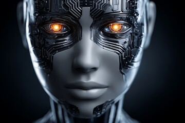 Poster - Female Robot AI Concept - Futuristic female robot face, artificial intelligence, technology, cyborg, innovation. Symbolizes future, technology, progress, humanity, and evolution