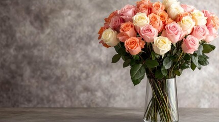 Leinwandbilder - Dense bouquet features roses in pink, cream, and peach tones, beautifully arranged in a glass vase with soft natural light highlighting the textures