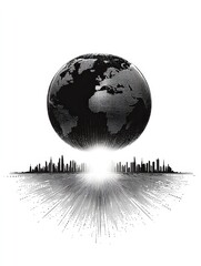 Poster - Global Cityscape Convergence - A stylized depicting a globe hovering above a city skyline, connected by converging lines symbolizing global connection and technological advancement