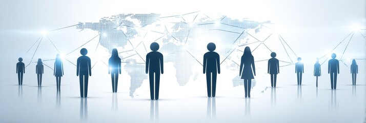 Poster - Global Network Connection - Silhouette figures connected by lines forming a global network, illustrating worldwide communication and collaboration
