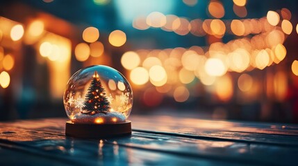 Aufkleber - A snow globe filled with sparkling snowflakes and a small Christmas tree rests on a wooden table, surrounded by glowing fairy lights and a blurred winter backdrop