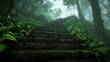 © Elena - Winding stone stairs covered in moss lead through a misty jungle, where soft light breaks through the thick canopy, illuminating vibrant greenery
