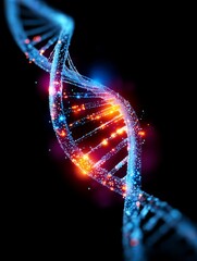 Poster - Glowing DNA Helix Structure - A vibrant of a DNA double helix, with glowing particles, against a black background. Ideal for science, genetics, and biotechnology