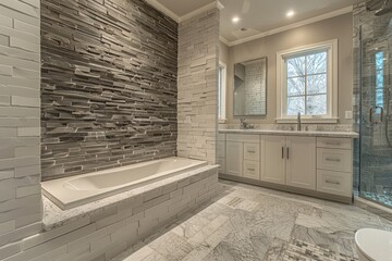 Poster - a modern bathroom with bathtub and stone texture walls