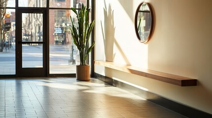 Poster - Light streams through a glass door, casting shadows on the tiled floor of a modern hallway featuring a wooden shelf, oval mirror, and tall indoor plant