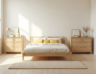 Aufkleber - Clean bright bedroom features wooden bed and dressers. White walls yellow pillows. Room with minimal decor. Morning sunlight. Modern comfortable design for home hotel apartment.