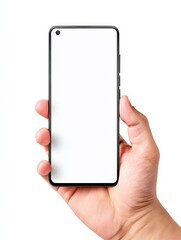 Poster - Hand Holding Modern Smartphone - Close-up of a hand holding a smartphone with a blank white screen, isolated on white background