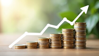 Aufkleber - Stacks coins rising graph show financial growth investment success. Wealth business economy, saving profit strategy finance market, banking development trend statistic value income opportunities.