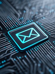 Poster - Mail Communication Technology - Close-up view of an email icon glowing on a circuit board, representing communication and technology