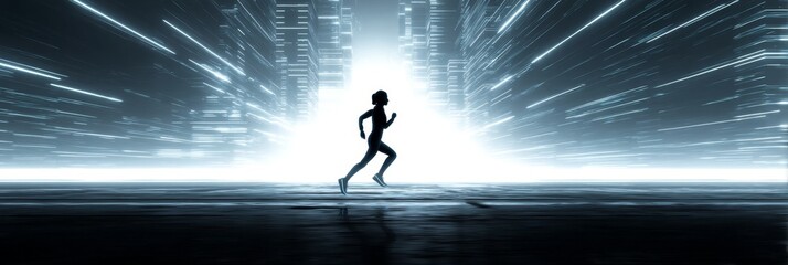 Poster - Runner in Cityscape - Silhouette of a runner in a futuristic city setting with glowing light streaks. Represents speed, technology, and urban life