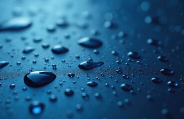 Aufkleber - Close-up of water drops on blue surface. Clear water droplets, macro photo of condensation pattern. Transparent drops of rain on window. Fresh, pure liquid, wet background, water texture, clean