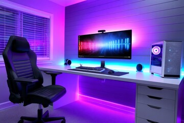 Poster - Vibrant Gaming Setup with LED Lighting - Modern gaming station with LED lights, ergonomic chair, powerful PC, and large monitor. Perfect for streamers or gamers