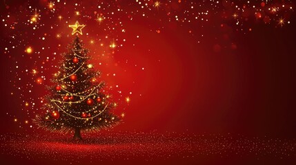 Wall Mural - glowing christmas tree with golden lights and red ornaments on a red background with sparkles. ideal