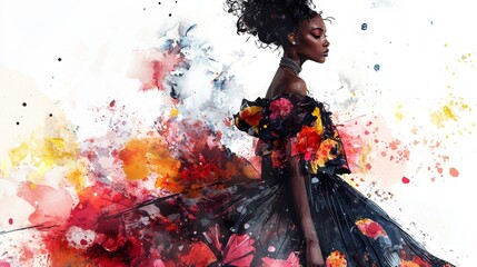 Poster - Remarkable and stunning fashion artwork showcasing a model dressed in a vibrant gown set against an abstract backdrop