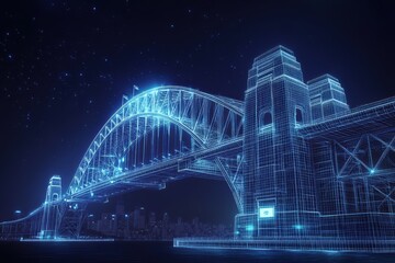 Poster - Digital graphic layout showcasing an illuminated bridge with futuristic design elements at night